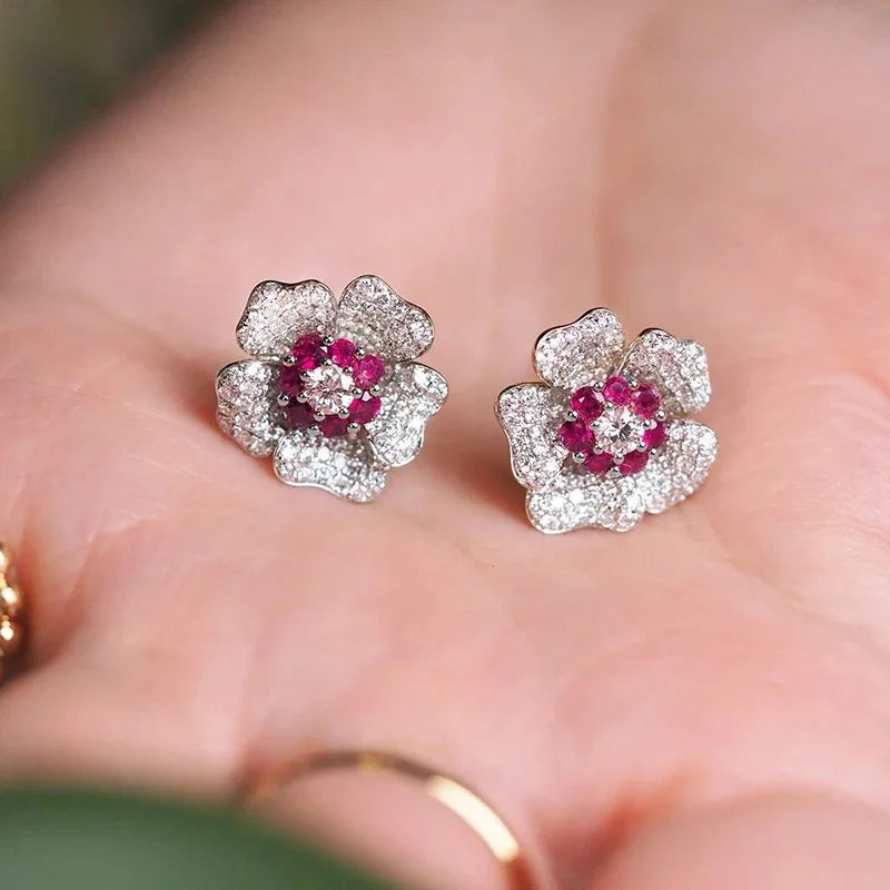 E3307 Green Flower Stud Earrings Women's Luxury Fine Jewelry Claw Setting Main Stone Green