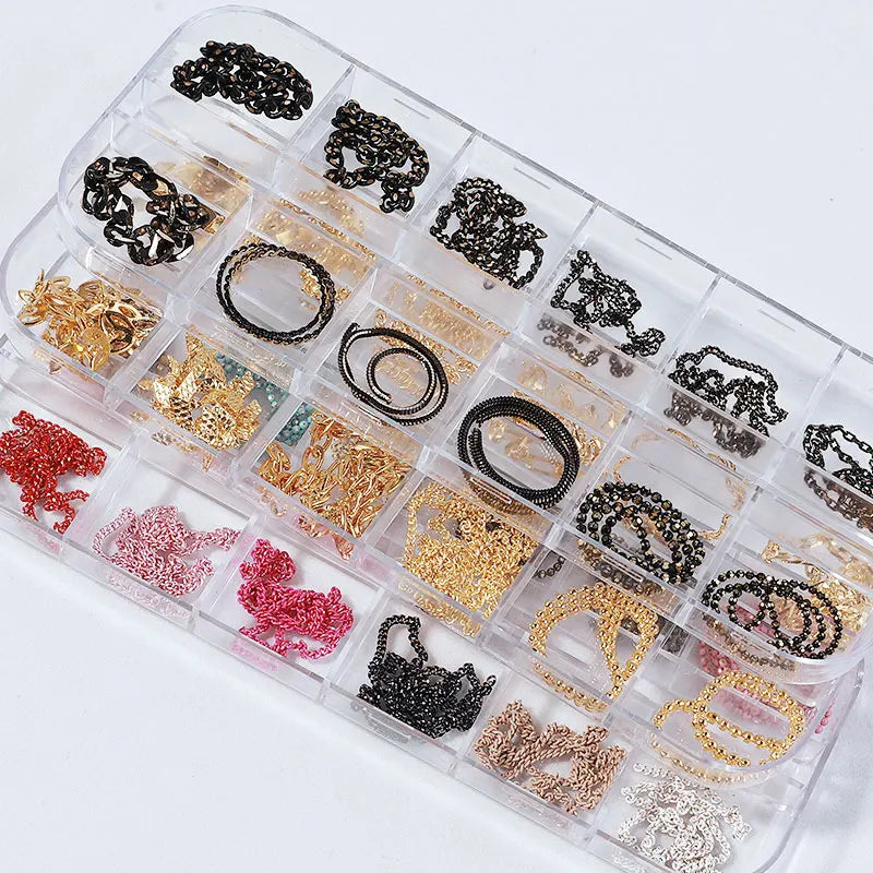 Misscheering-cadena de uñas de estilo mixto, 12 rejillas, joyería para decoración artística DIY, accesorios de uñas de Metal a la moda para diseño de manicura