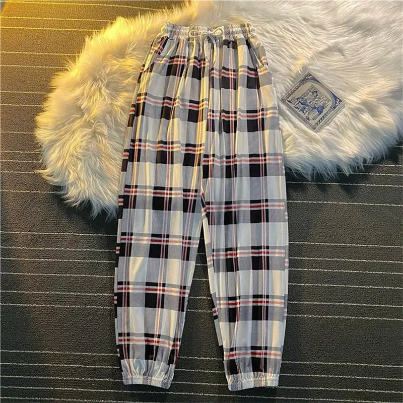 Pantalones Mujer nuevo montón de pies moda suelta negro a cuadros verano Harajuku estudiantes ropa de calle Harem pantalones largos mujer Chic