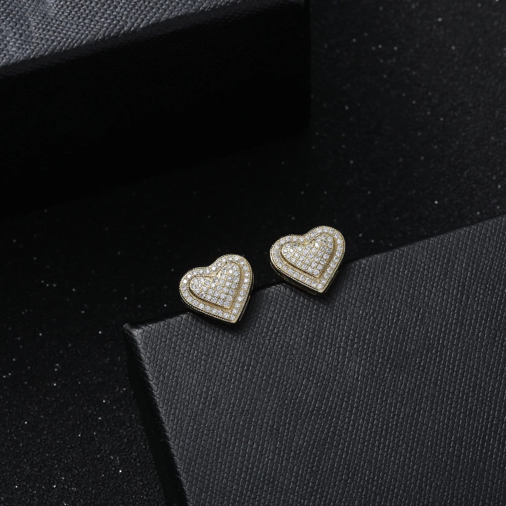 AceWings CZ Heart Shape Stud Earrings — Gold Plated Iced Out Hip Hop Jewelry