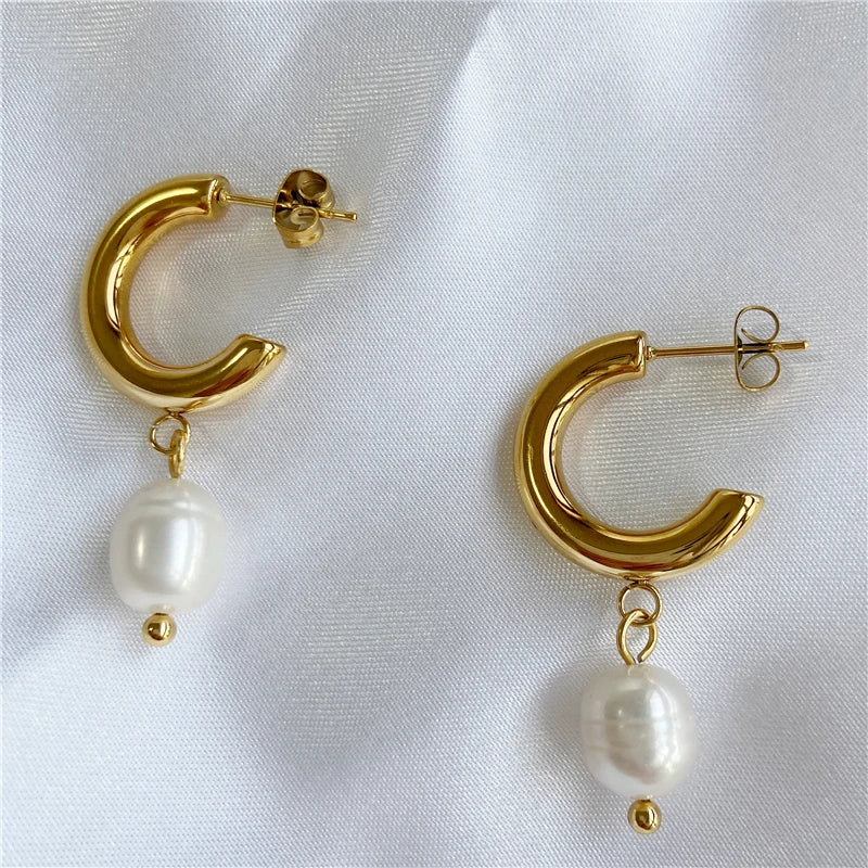 Joolim Real Pearl Hoop Earrings — Stainless Steel Elegant Party Jewelry