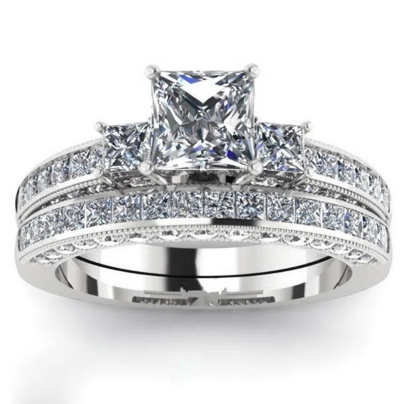 H444 Princess Cut Diamond Engagement Ring Yellow Gold Women's Natural Diamond D Color 3 Stone Band with 3 Side Stones