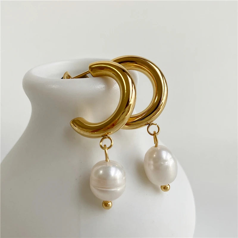 Joolim Real Pearl Hoop Earrings — Stainless Steel Elegant Party Jewelry