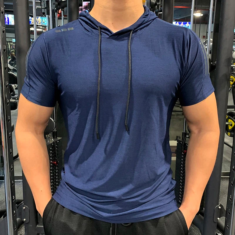 Camiseta deportiva para gimnasio con capucha para correr para hombre, camiseta ajustada de alta elasticidad transpirable de secado rápido para culturismo, camisetas para hombre