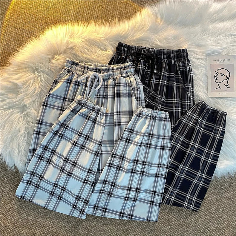 Pantalones Mujer nuevo montón de pies moda suelta negro a cuadros verano Harajuku estudiantes ropa de calle Harem pantalones largos mujer Chic
