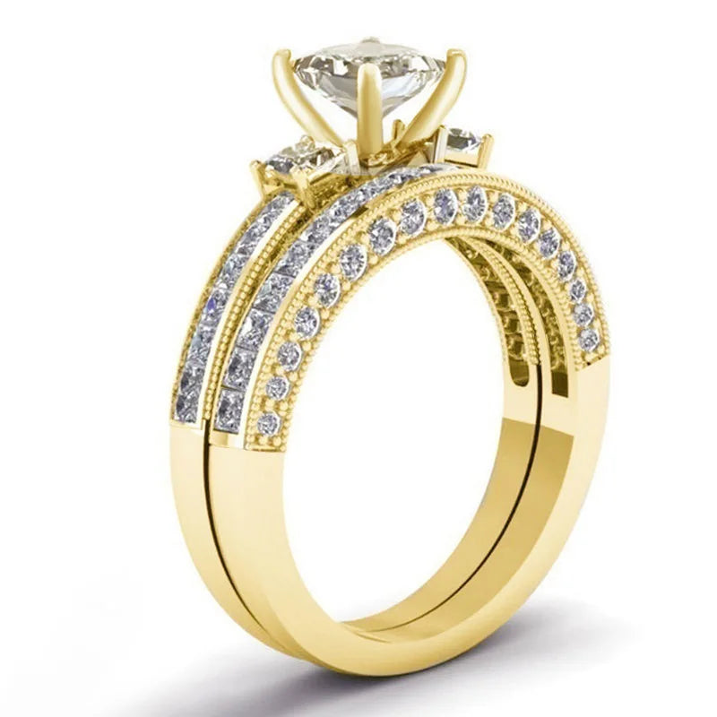 H444 Princess Cut Diamond Engagement Ring Yellow Gold Women's Natural Diamond D Color 3 Stone Band with 3 Side Stones