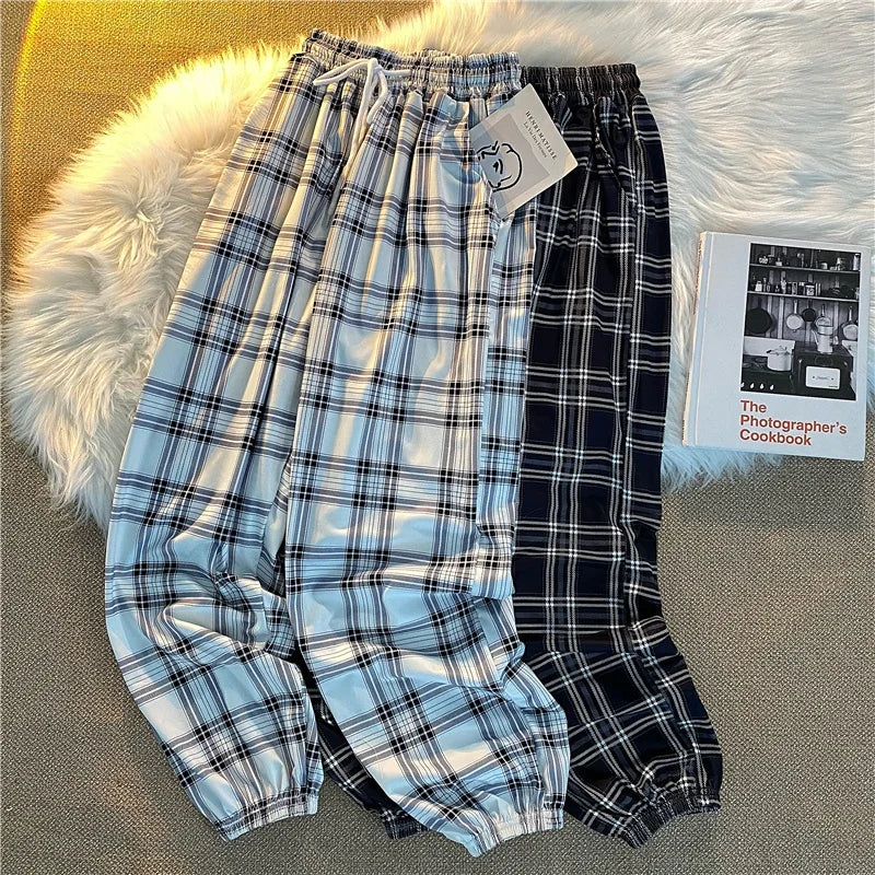Pantalones Mujer nuevo montón de pies moda suelta negro a cuadros verano Harajuku estudiantes ropa de calle Harem pantalones largos mujer Chic