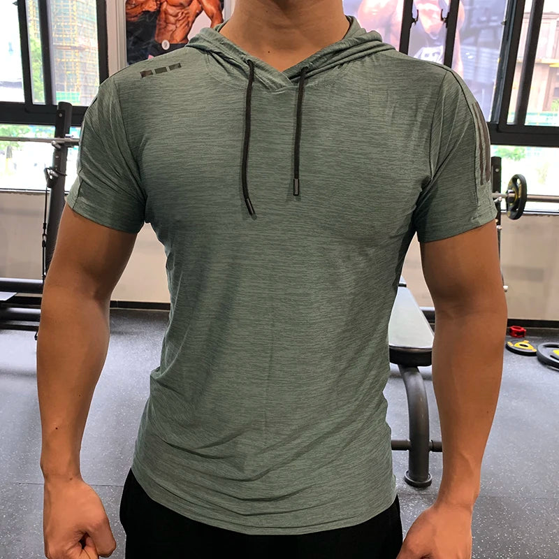 Camiseta deportiva para gimnasio con capucha para correr para hombre, camiseta ajustada de alta elasticidad transpirable de secado rápido para culturismo, camisetas para hombre