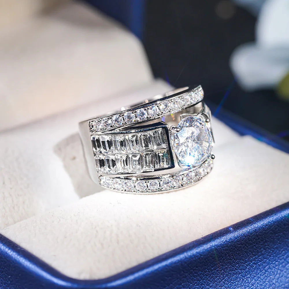 T0408 Diamond Ring Women's Round Brilliant Cut Natural Diamond Baguette Side Stones Classic Engagement Style