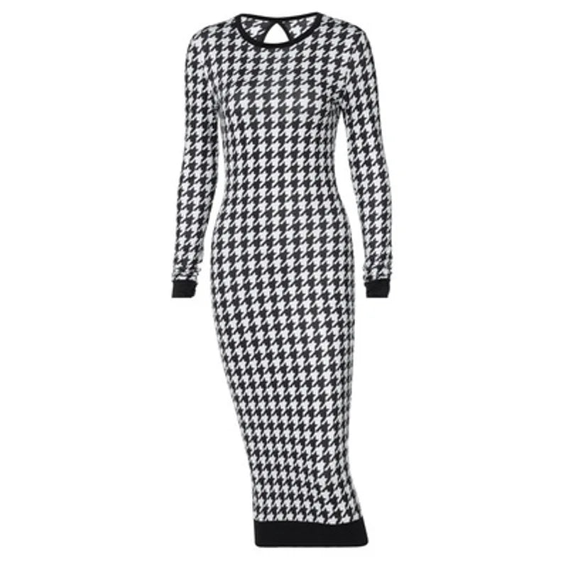 Vestido Midi de manga larga con estampado de pata de gallo para mujer, vestido ceñido calado, ropa de calle Sexy, elegante y ajustado para otoño e invierno 2022