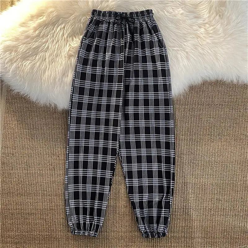 Pantalones Mujer nuevo montón de pies moda suelta negro a cuadros verano Harajuku estudiantes ropa de calle Harem pantalones largos mujer Chic