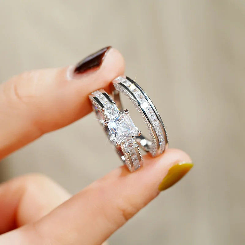 H444 Princess Cut Diamond Engagement Ring Yellow Gold Women's Natural Diamond D Color 3 Stone Band with 3 Side Stones