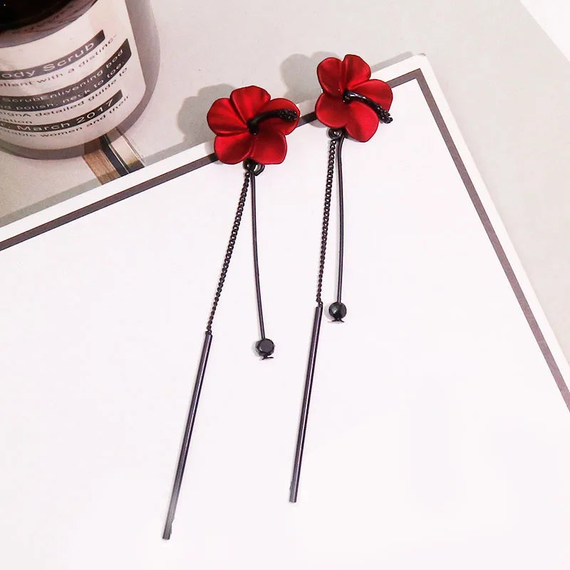 Pendientes clásicos Retro con borlas de flores rojas y vino para mujer, colgante largo con temperamento, joyería de estilo coreano
