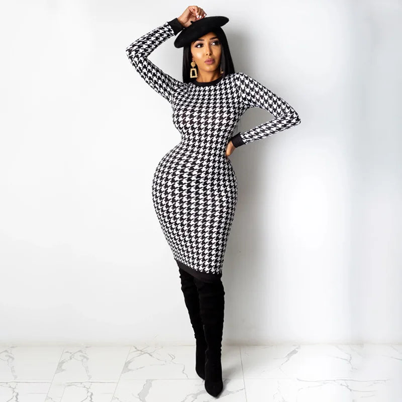 Vestido Midi de manga larga con estampado de pata de gallo para mujer, vestido ceñido calado, ropa de calle Sexy, elegante y ajustado para otoño e invierno 2022
