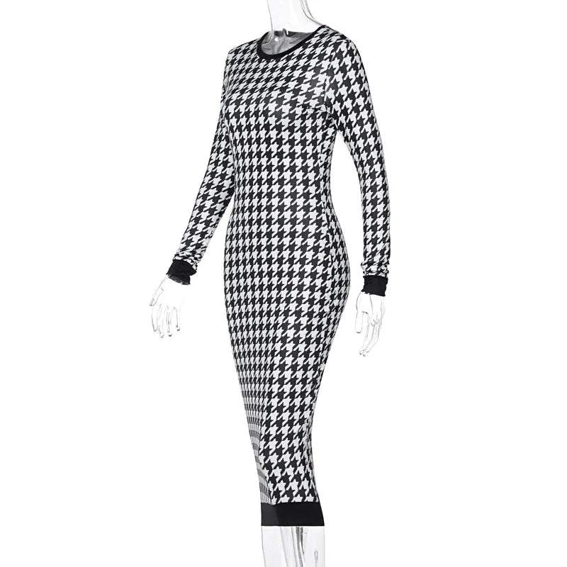 Vestido Midi de manga larga con estampado de pata de gallo para mujer, vestido ceñido calado, ropa de calle Sexy, elegante y ajustado para otoño e invierno 2022