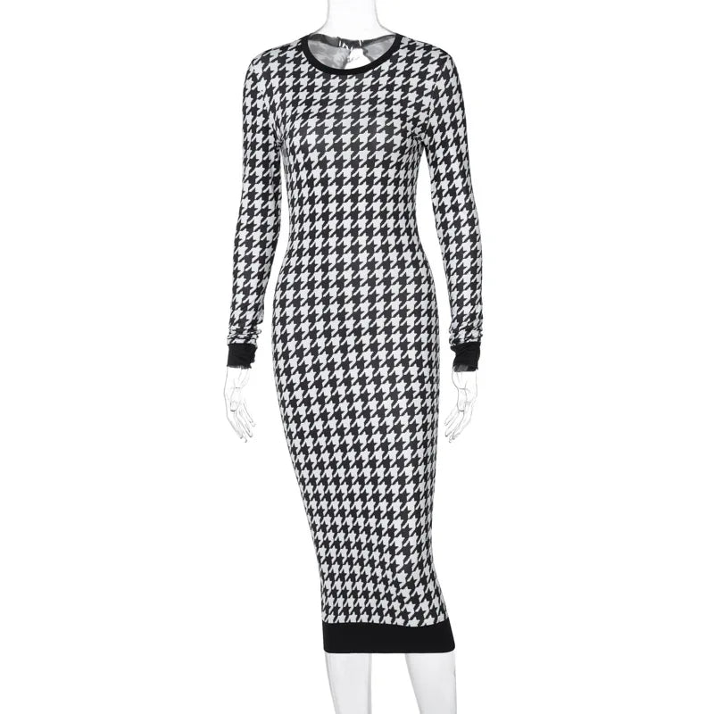 Vestido Midi de manga larga con estampado de pata de gallo para mujer, vestido ceñido calado, ropa de calle Sexy, elegante y ajustado para otoño e invierno 2022