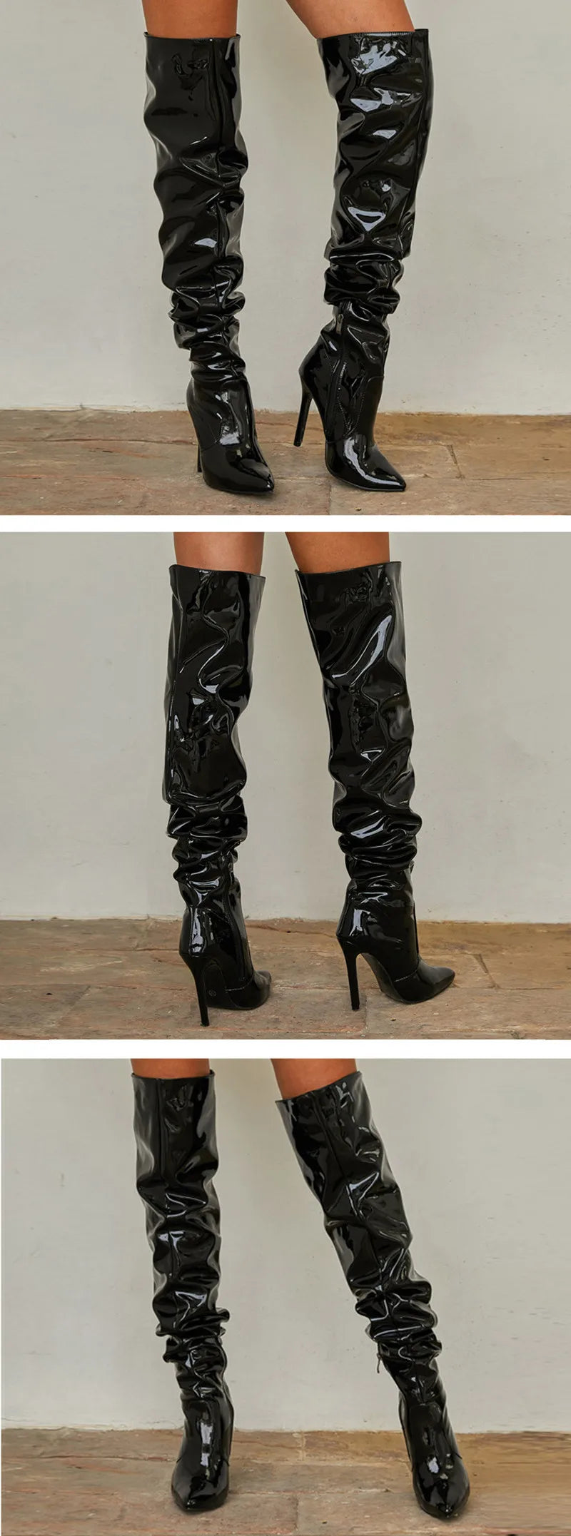 Eilyken-Botas por encima de la rodilla plisadas de charol para mujer, zapatos hasta el muslo con cremallera y punta estrecha, a la moda, alta calidad