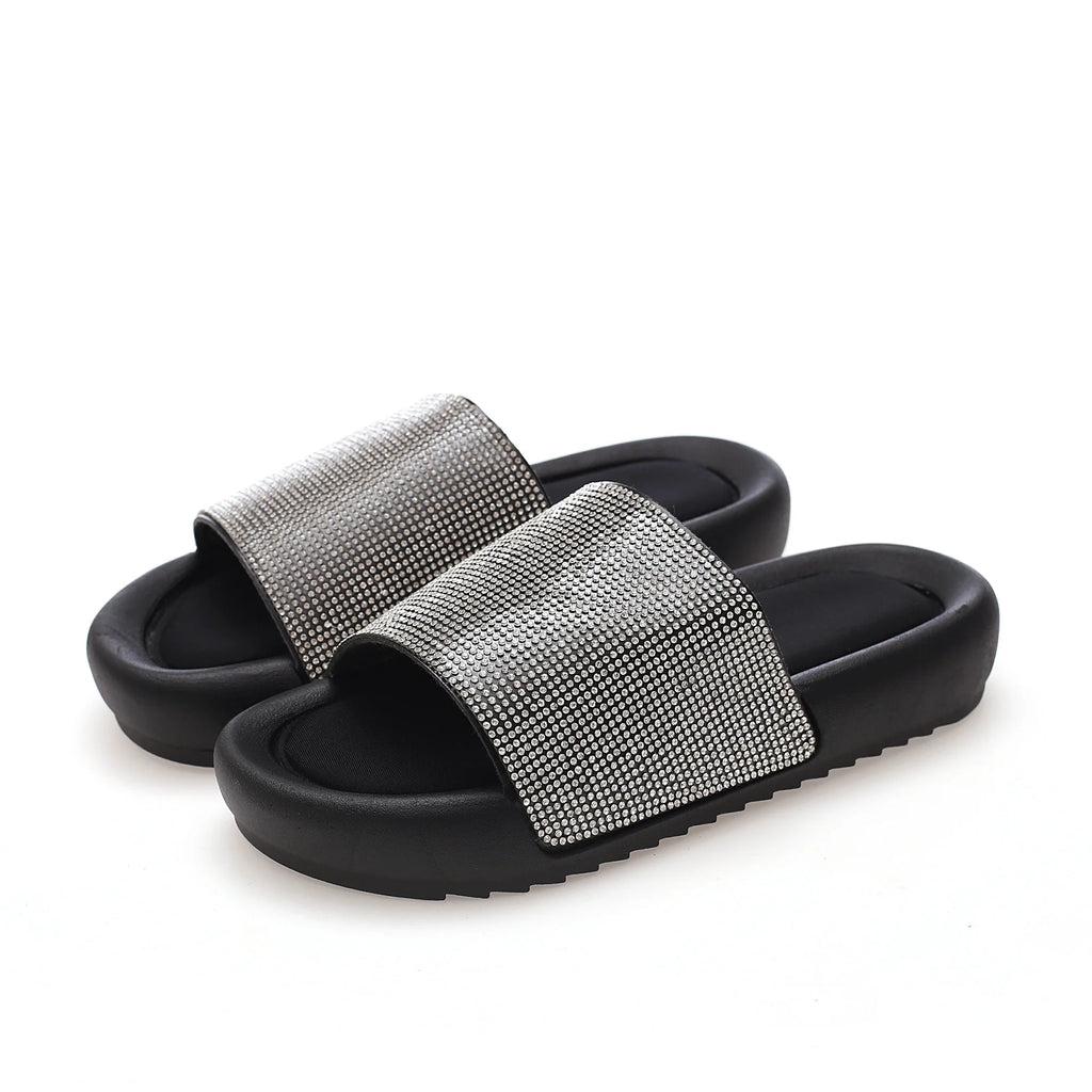 Customize Outdoor Bling Decoration Flat Women Sandals Outdoor Slides Slippers for Ladies Women Flat Sandals