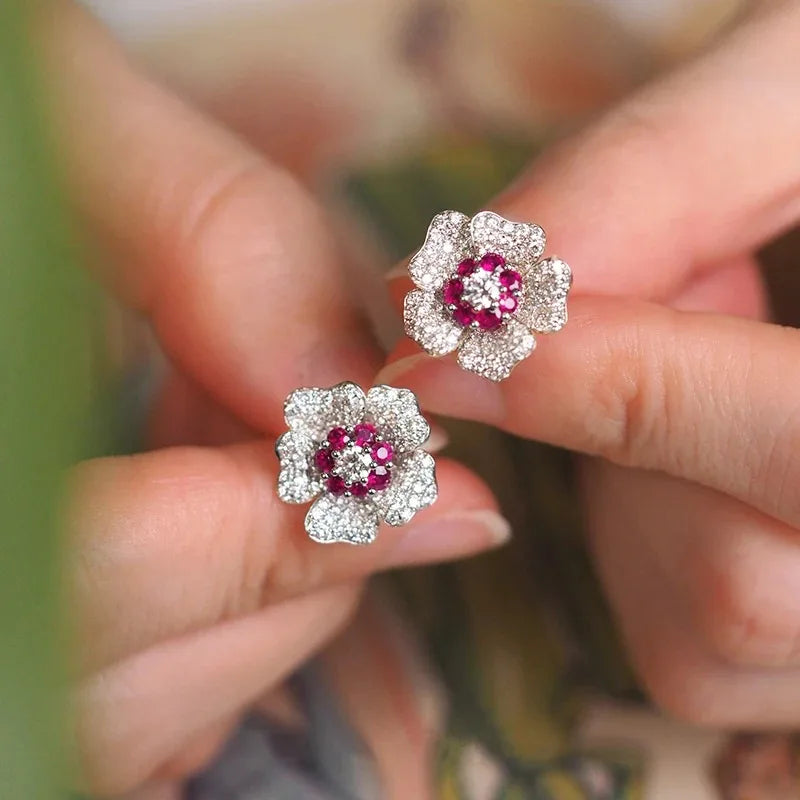E3307 Green Flower Stud Earrings Women's Luxury Fine Jewelry Claw Setting Main Stone Green