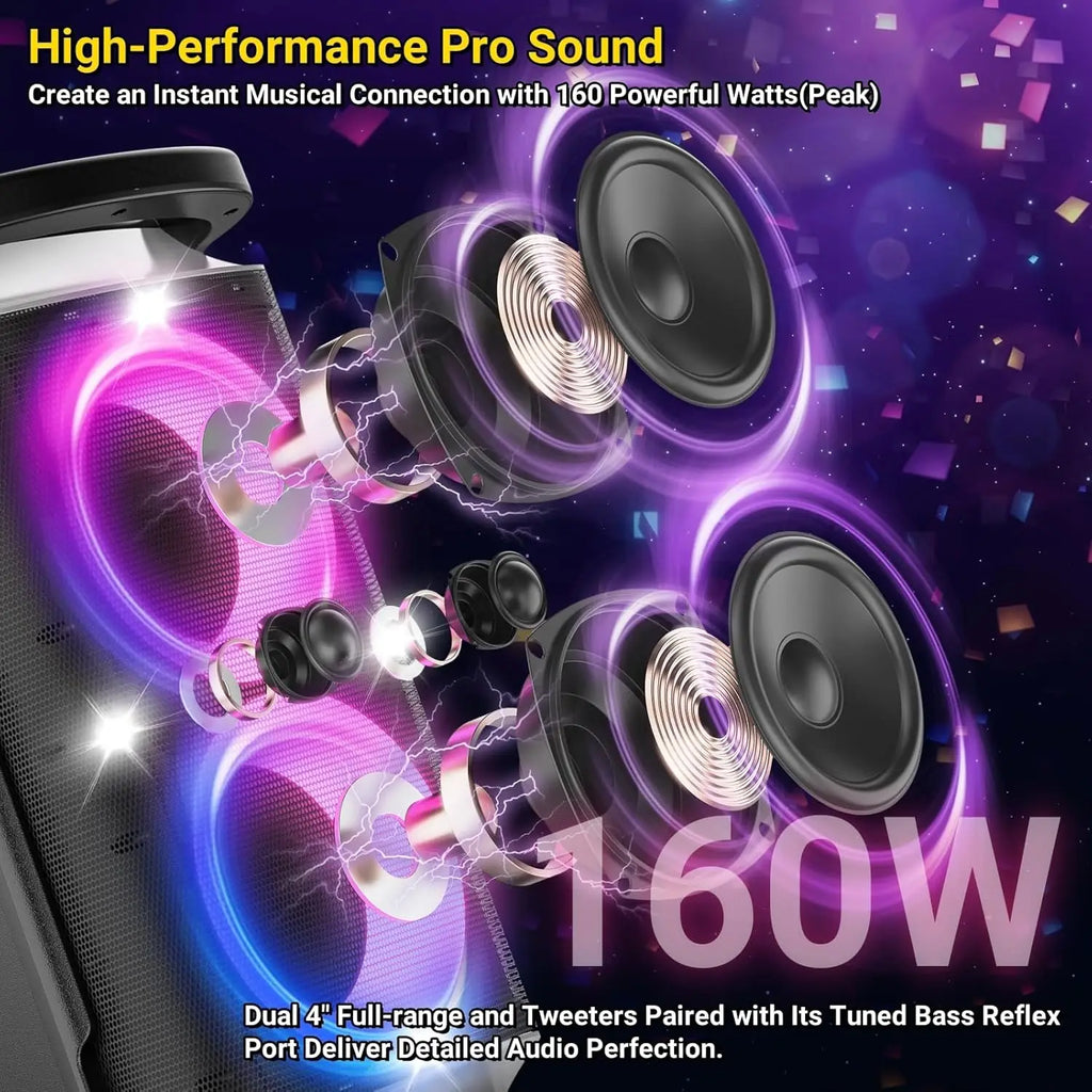 Speaker 160W peak Strong and Loud Stereo Deep Bass Wireless Boombox Portable Large Party Speaker Subwoofer Speaker