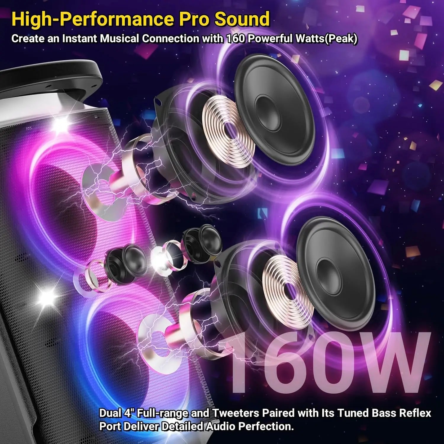Speaker 160W peak Strong and Loud Stereo Deep Bass Wireless Boombox Portable Large Party Speaker Subwoofer Speaker