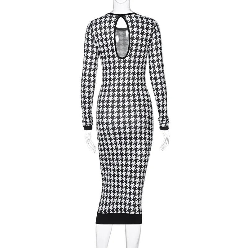 Vestido Midi de manga larga con estampado de pata de gallo para mujer, vestido ceñido calado, ropa de calle Sexy, elegante y ajustado para otoño e invierno 2022