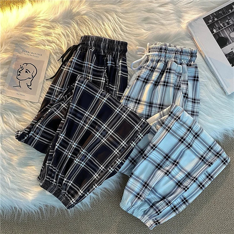 Pantalones Mujer nuevo montón de pies moda suelta negro a cuadros verano Harajuku estudiantes ropa de calle Harem pantalones largos mujer Chic