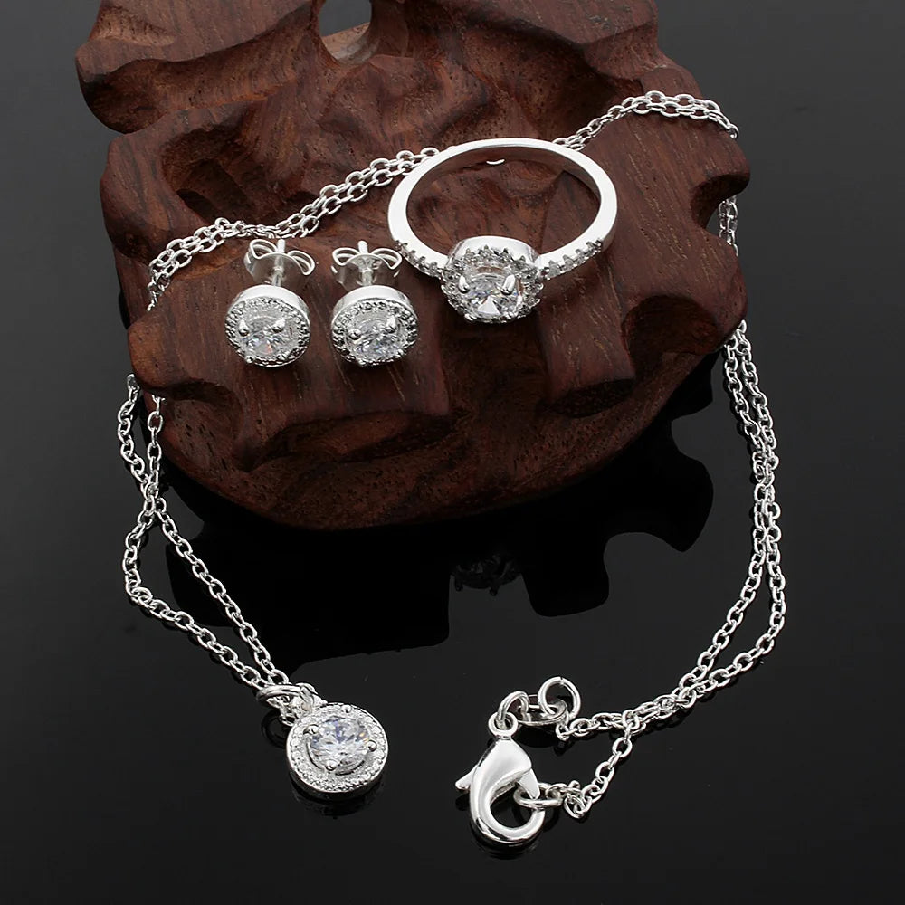 Plata de Ley 925, bonito regalo de Navidad sólido, moda noble, elegante, mujer, cristal brillante CZ, collar, pendiente, anillo, conjunto de joyería