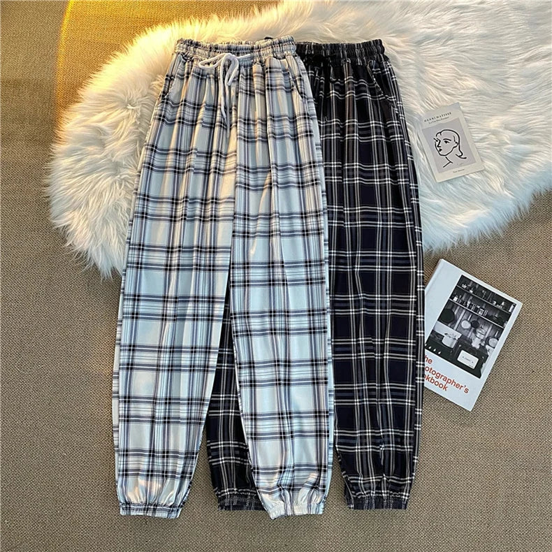 Pantalones Mujer nuevo montón de pies moda suelta negro a cuadros verano Harajuku estudiantes ropa de calle Harem pantalones largos mujer Chic
