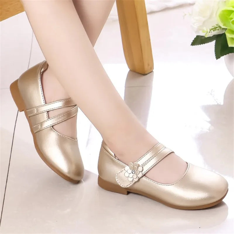 Zapatos de princesa para niñas, zapatos de cuero para niñas medianas y grandes, zapatos planos informales con flores florales para espectáculo de cumpleaños y bodas