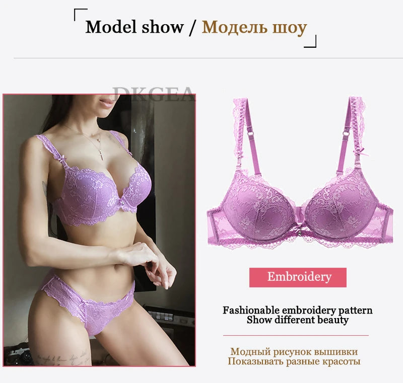 Sujetador de realce con escote en V profundo para mujer, conjunto de ropa interior Sexy, Copa gruesa de encaje, lencería cómoda de marca de alta calidad