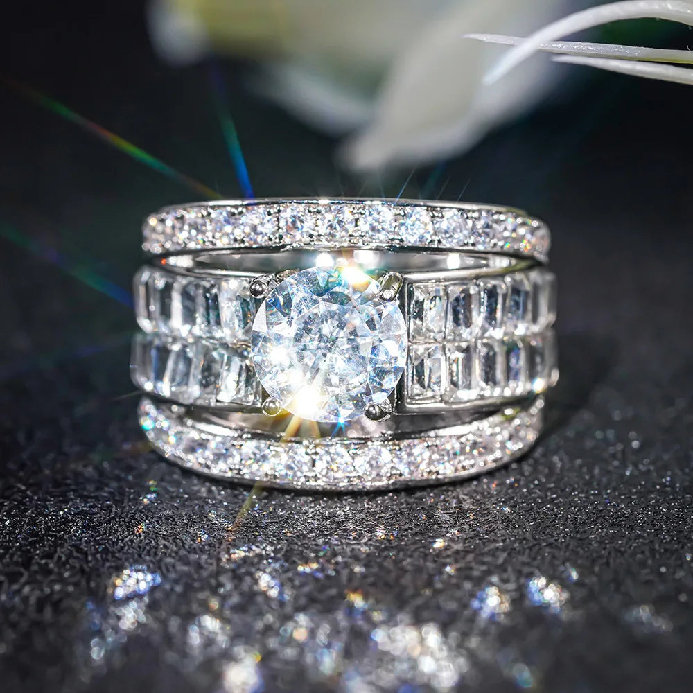 T0408 Diamond Ring Women's Round Brilliant Cut Natural Diamond Baguette Side Stones Classic Engagement Style