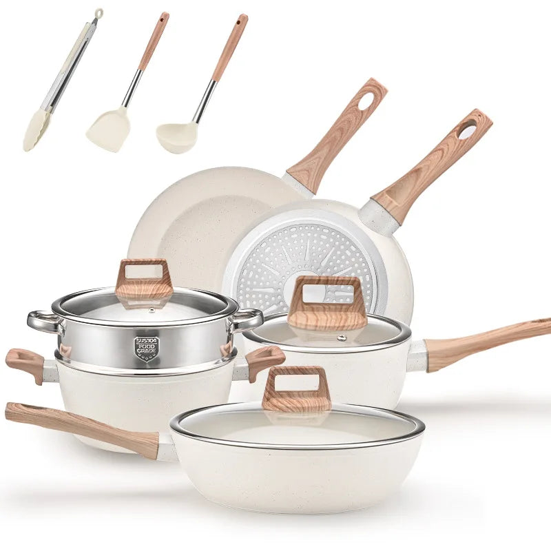PFAS PFOA PFOS Free 12pcs Pots and Pans Set, Non-toxic Healthy Non Stick Kitchen Cookware Cooking Tools