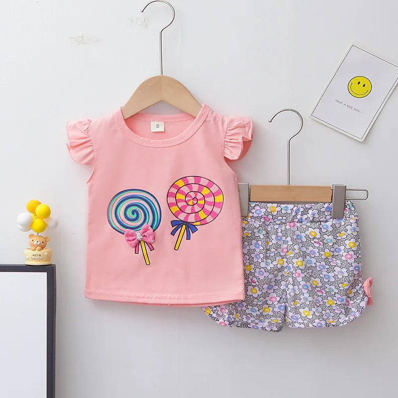 Nueva moda de verano, ropa para niñas, chaleco bonito de dibujos animados, pantalones cortos, 2 unids/set, traje deportivo para niños, trajes, chándales para niños