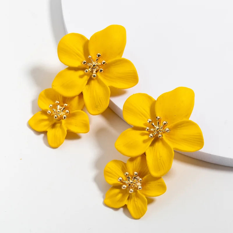 Pendientes coreanos grandes de doble flor para mujer, aretes llamativos de Metal para fiesta en la playa, joyería bohemia de moda, regalo para niña