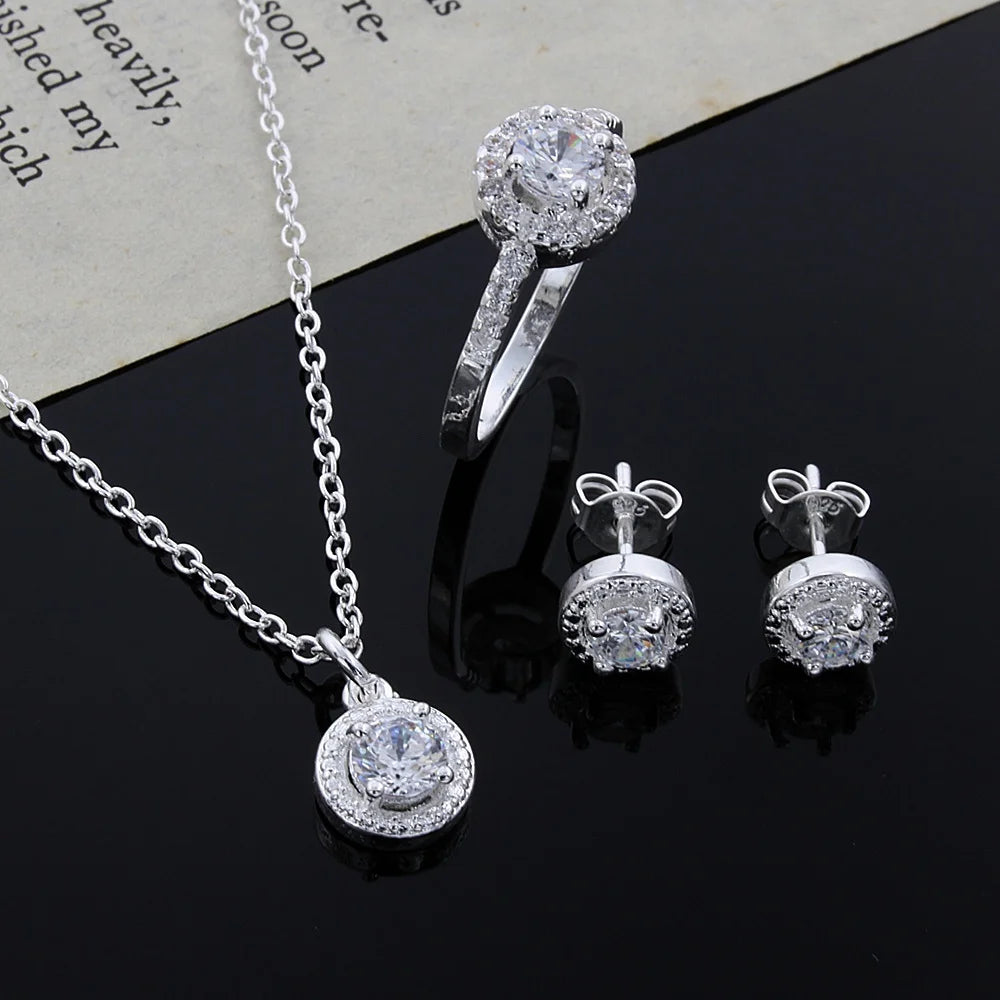 Plata de Ley 925, bonito regalo de Navidad sólido, moda noble, elegante, mujer, cristal brillante CZ, collar, pendiente, anillo, conjunto de joyería