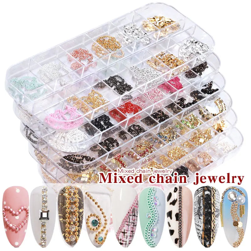 Misscheering-cadena de uñas de estilo mixto, 12 rejillas, joyería para decoración artística DIY, accesorios de uñas de Metal a la moda para diseño de manicura