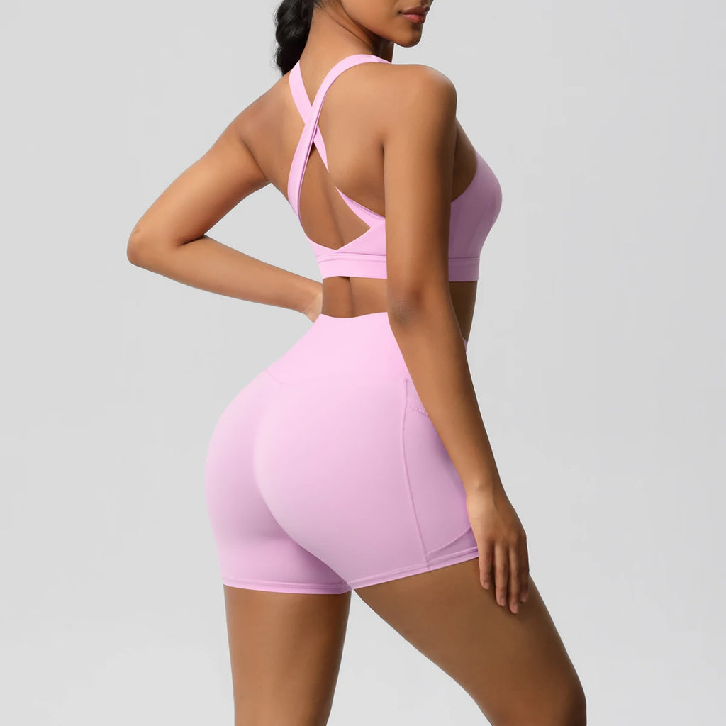 Ropa deportiva con bolsillo para mujer, conjunto de Yoga, ropa de gimnasio, trajes de Yoga para mujer, chándales, pantalones cortos deportivos, sujetador cruzado, mallas de gimnasio, 2 uds.