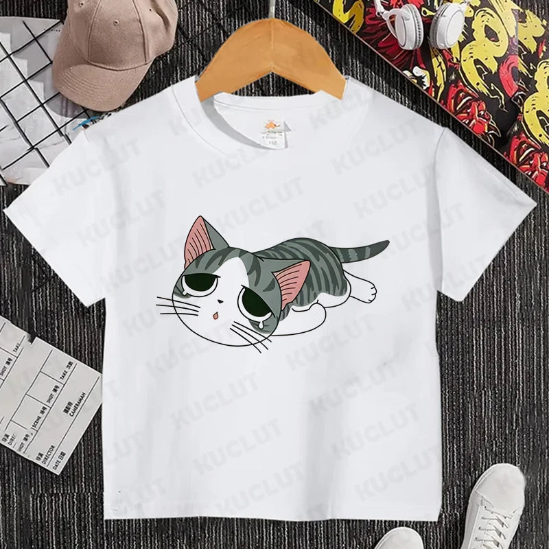 Camiseta con estampado de gato para niños y niñas, camiseta de dibujos animados, camiseta informal de manga corta, ropa cómoda y divertida para verano