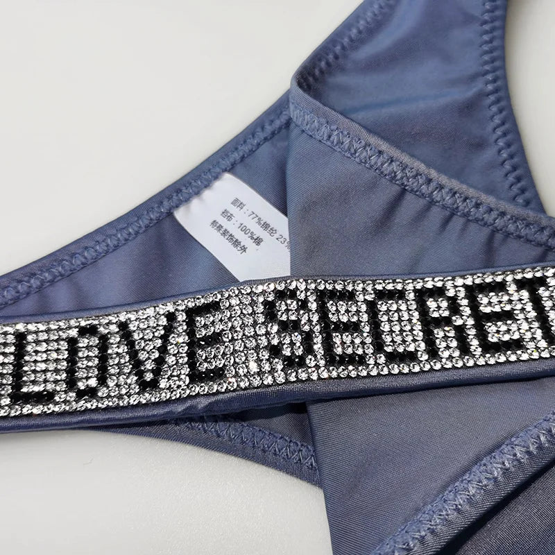 Tangas sexis de cintura baja para mujer, bragas con diamantes de imitación y letras, Tanga deportiva, pantalones cortos, calzoncillos con espalda en T, talla S-XL para Fitness