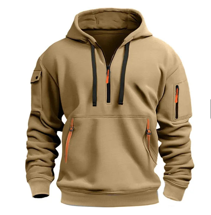Sudadera deportiva informal para hombre, jersey de manga larga de Color sólido a la moda para primavera y otoño con bolsillo en el brazo y cuerda de tracción de talla grande
