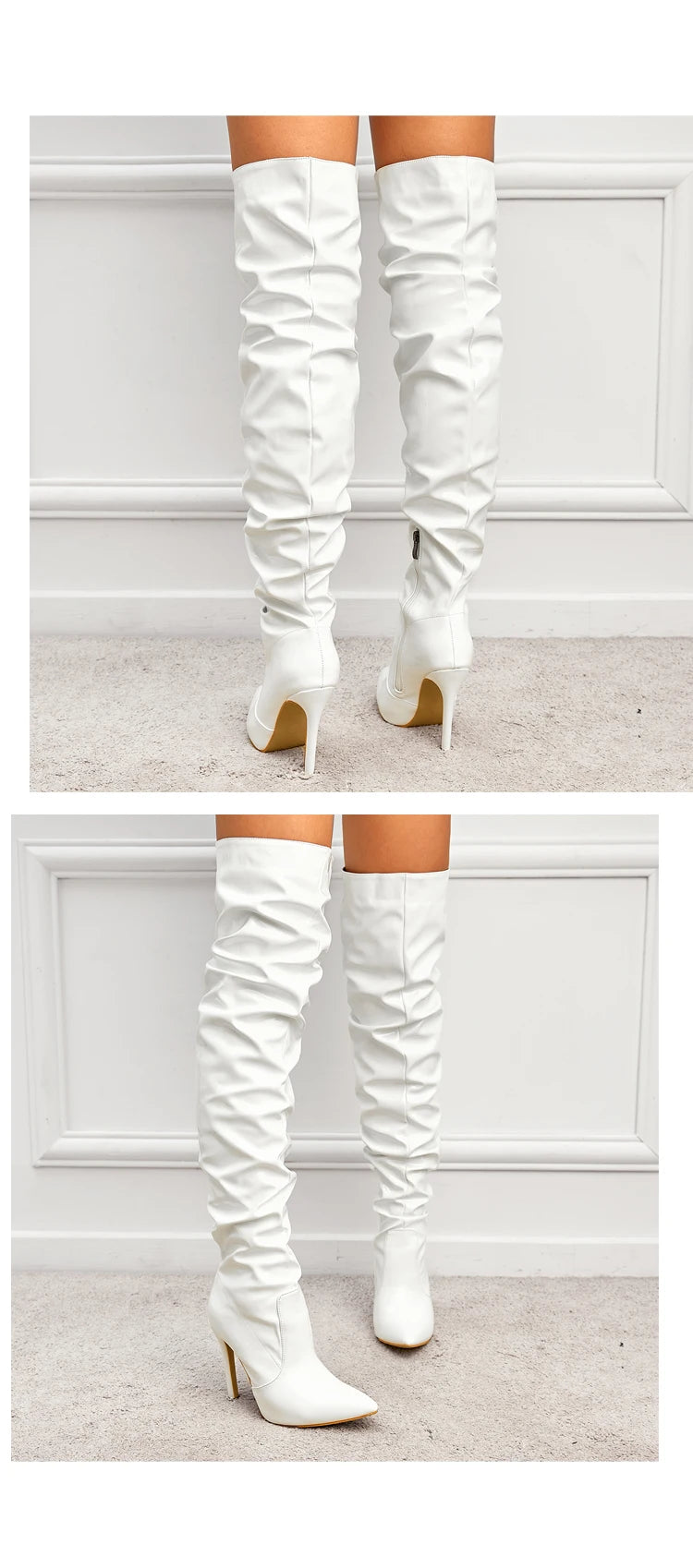 Eilyken-Botas por encima de la rodilla plisadas de charol para mujer, zapatos hasta el muslo con cremallera y punta estrecha, a la moda, alta calidad