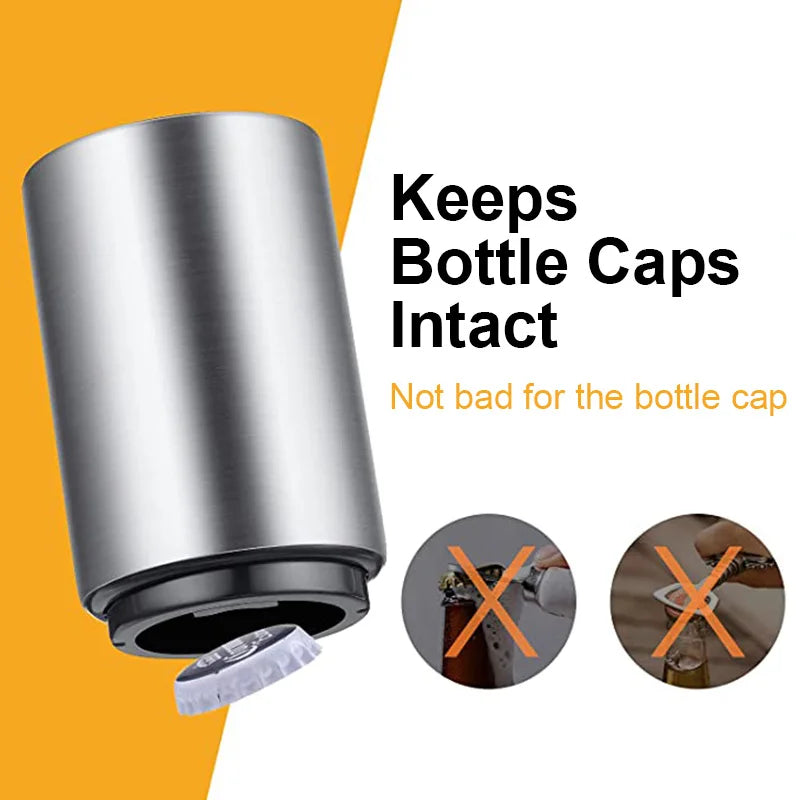 Abridor automático de botellas de cerveza de acero inoxidable, tapa de empuje sin curvatura, fácil de abrir para botellas de vidrio de cerveza y refresco, abridor de cocina