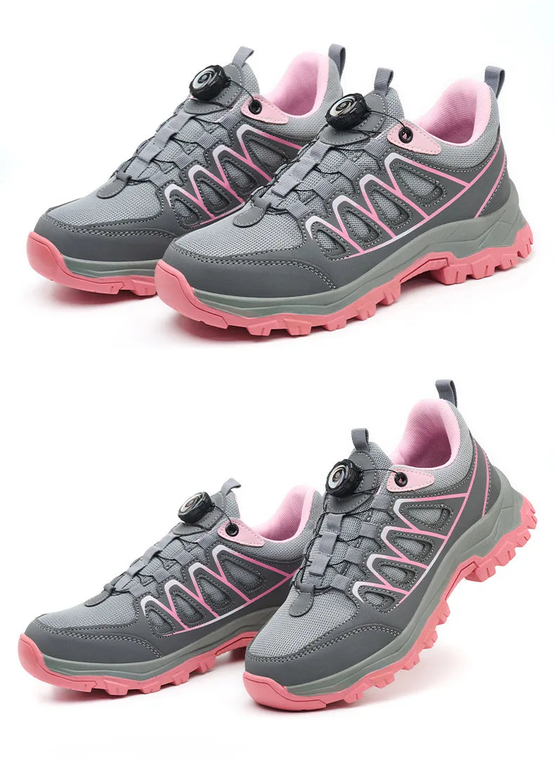 Zapatos de seguridad para el trabajo para mujer, zapatillas de trabajo con punta de acero, botón giratorio, transpirables, antideslizantes, protección a prueba de pinchazos, botas de seguridad rosas