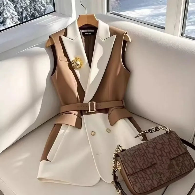 Chaleco sin mangas tipo blazer para mujer, estilo coreano, elegante, para oficina, con patchwork, primavera-otoño 2026