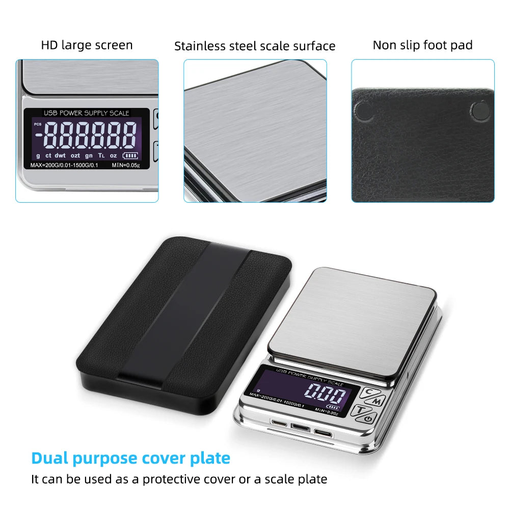 Báscula Digital para joyería, alta precisión, 200g/1000g x 0,01g, precisión, conteo inteligente, balanza de alimentos con gemas, báscula de bolsillo para cocina, carga USB