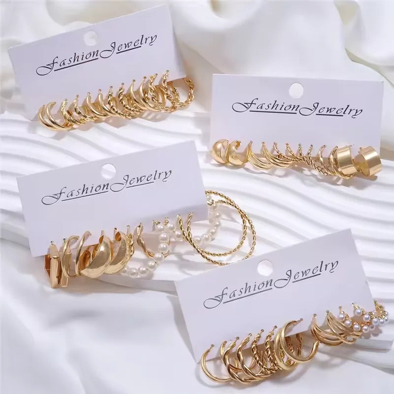 6/24 pares de pendientes de aro Vintage de Color dorado para mujer y niña, pendientes giratorios de Metal geométricos con perlas de imitación, joyería de moda