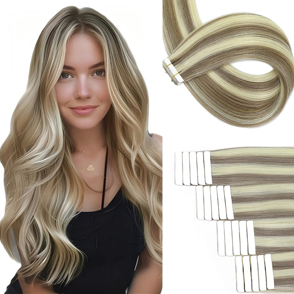 Extensiones de cabello con cinta Invisible, extensiones de cabello Remy Real para mujeres, postizos rectos de color rubio ceniza mezclado rubio platino