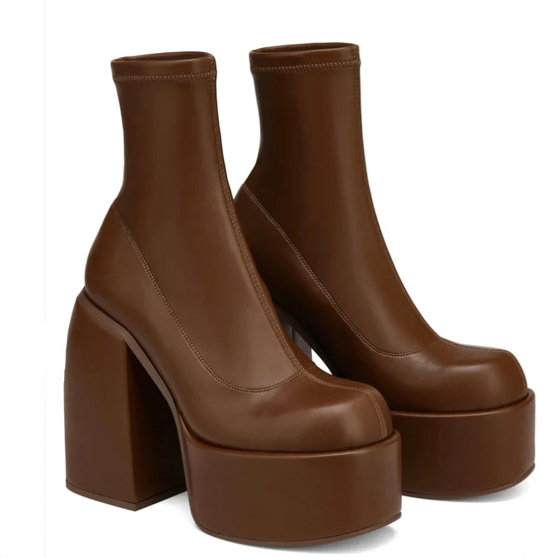 Botas modernas con tacones de plataforma para mujer, botas de cuero con punta redonda, tacones gruesos, zapatos de tacón de bloque de diseñador con cremallera, zapatos informales a la moda para chicas