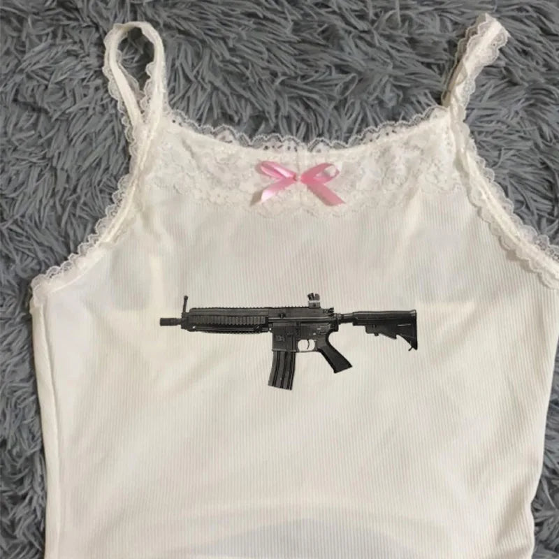 Rock Gothic Y2k Lace Tank Top Gun Harajuku Graphic Print Streetwear Sleeveless Top Punk Retro Sling Spicy Girls Hip Hop Crop top